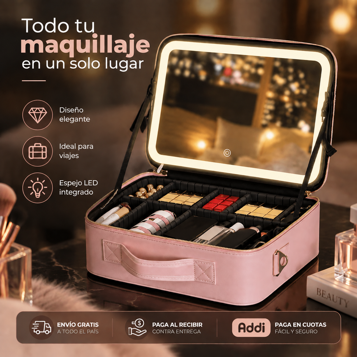 Cosmetiquera Con Espejo Y Luz Led